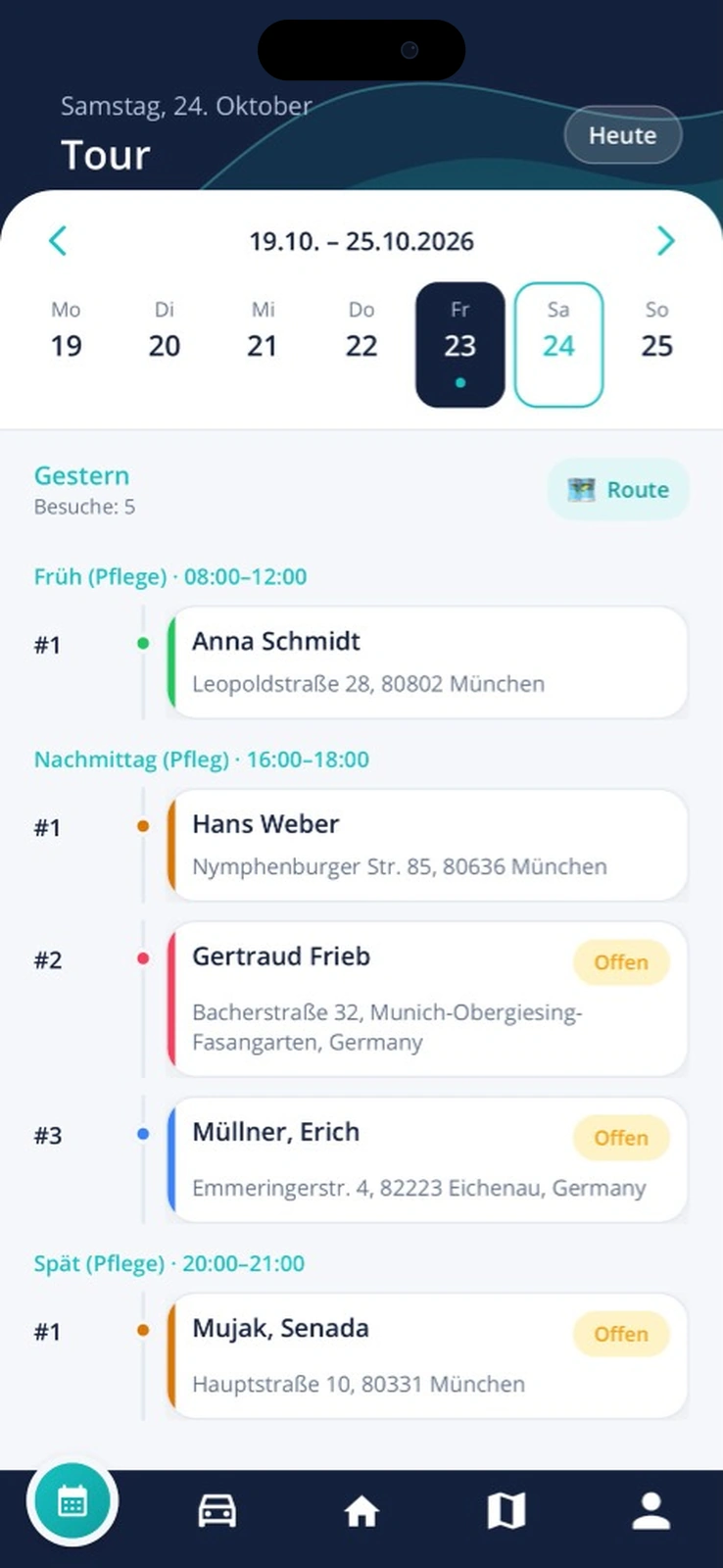 MediStein KI Mobile Pflege-App: Tour des Tages mit Klienten-Einsätzen, Besuchszeiten und Status