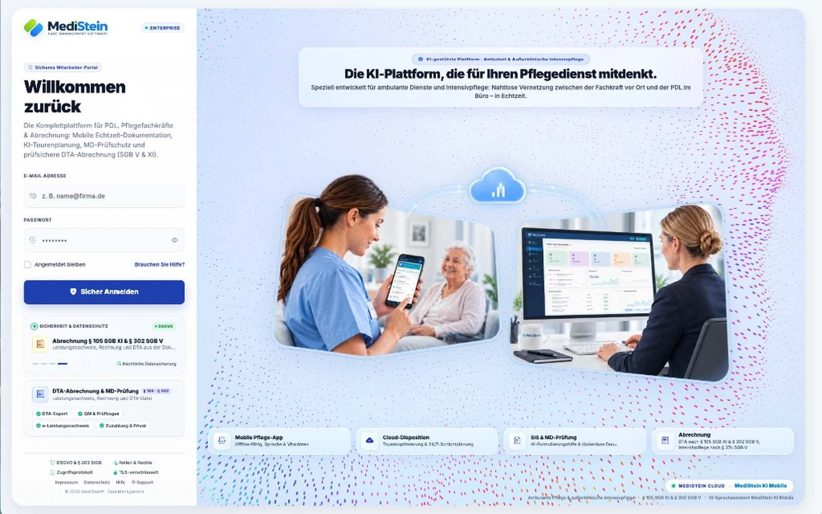 MediStein Mitarbeiter- & Partner-Portal: Sichere Anmeldung, vernetzte KI-Plattform für ambulante Pflege und Intensivpflege